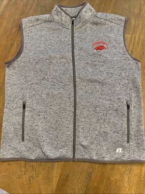 Russell Athletic Gray Full-Zip Fleece Vest with Red Arkansas Logo